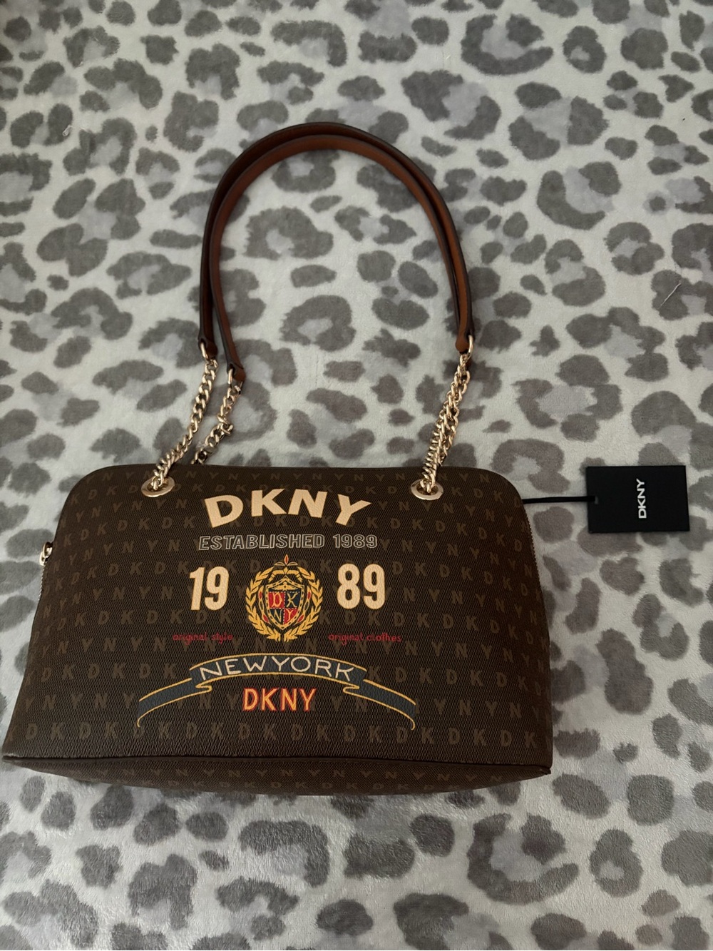 DKNY Brown Monogram Logo Dome Satchel with Gold Accents